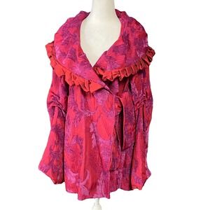 Linda Lundstrom Coat Womens 6 Red Floral‎ Ruffle Collar Belted Satin Jacquard